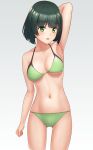  1girl arm_behind_head arm_up ass_visible_through_thighs bikini black_hair breasts cleavage green_bikini green_eyes highres kyoumachi_seika looking_at_viewer medium_breasts short_hair simple_background solo spetsnaz10032 standing swimsuit voiceroid white_background 
