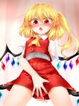  1girl ascot bangs blonde_hair blurry blurry_background blush breasts buttons collared_shirt crystal eyebrows_visible_through_hair eyes_visible_through_hair fang fingernails flandre_scarlet hair_between_eyes highres jewelry looking_down marukyuu_ameya medium_breasts miniskirt multicolored_wings no_hat no_headwear one_side_up open_mouth pink_nails pointy_ears red_eyes red_skirt red_vest shirt short_hair short_sleeves skirt solo standing sweat tongue touhou vest white_shirt wings yellow_ascot 