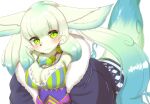  1girl :3 animal_ears blonde_hair blue_hair blush breasts character_request cleavage closed_mouth eyebrows_visible_through_hair fullbokko_heroes furry furry_female gradient_hair green_hair highres horokusa_(korai) jewelry large_breasts long_hair looking_at_viewer multicolored_hair necklace smile solo tail 