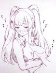  1girl blush breast_grab breasts closed_mouth commentary_request copyright_request grabbing hair_ornament highres long_hair medium_breasts monochrome nipples solo_focus sweatdrop traditional_media tsukareta_san twintails 