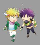  2boys battle_tendency belt blonde_hair brown_hair caesar_anthonio_zeppeli chibi commentary_request crop_top green_eyes green_scarf grin headband holding_hands jacket jojo_no_kimyou_na_bouken joseph_joestar joseph_joestar_(young) kine_(warabi_mk501) knee_pads male_focus mask midriff multicolored_clothes multicolored_scarf multiple_boys muscular photoshop_(medium) scarf sleepy smile striped striped_scarf winged_hair_ornament yellow_scarf 