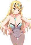  1girl absurdres bare_arms bare_shoulders blonde_hair breasts chest_jewel cleavage collarbone commentary_request covered_navel earrings hair_ornament hands_on_hips highres jewelry large_breasts light_blush long_hair looking_at_viewer mythra_(xenoblade) official_alternate_costume open_mouth ryochan96154 simple_background skindentation solo swimsuit thigh_gap thighlet tiara very_long_hair white_background white_swimsuit xenoblade_chronicles_(series) xenoblade_chronicles_2 yellow_eyes 