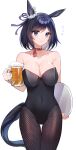  1girl absurdres akitsuki_(oenothera) alcohol alternate_costume animal_ears bangs bare_shoulders beer beer_mug black_hair black_legwear black_leotard blue_eyes breasts choker cleavage closed_mouth collarbone covered_navel cowboy_shot cup eishin_flash_(umamusume) fishnet_legwear fishnets foam hair_ribbon highres holding holding_cup holding_tray horse_ears horse_girl horse_tail large_breasts leotard looking_at_viewer mug raised_eyebrows red_choker ribbon scrunchie short_hair simple_background solo spoken_sweatdrop standing strapless strapless_leotard sweatdrop swept_bangs tail thigh_gap thighs tray umamusume wavy_mouth white_background 