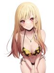  1girl ankkoyom bare_arms bare_shoulders bikini black_bikini black_choker blonde_hair breasts choker cleavage cowboy_shot ear_piercing earrings floral_print grin halterneck hands_on_own_thighs highres jewelry kitagawa_marin large_breasts leaning_forward long_hair looking_at_viewer multi-strapped_bikini necklace piercing print_bikini red_eyes side-tie_bikini simple_background smile solo sono_bisque_doll_wa_koi_wo_suru standing string_bikini swimsuit thighs v_arms white_background 