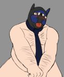  animal_mask belly blep blush canid canine canis crispy_writes domestic_dog hi_res human invalid_tag male mammal mask necktie overweight petplay pup_mask puppyplay roleplay slightly_chubby solo tongue tongue_out 
