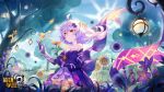  1girl bad_id benghuai_xueyuan closed_eyes closed_mouth dress elbow_gloves flower gloves grass hair_ornament highres holding holding_flower honkai_(series) honkai_impact_3rd lamp long_hair official_art outdoors purple_dress purple_flower purple_gloves sirin solo sunflower tree white_flower white_hair yellow_eyes 