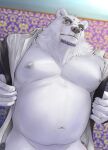  anthro belly belly_overhang borealis_(live-a-hero) bottomless clothed clothing eyebrows eyewear fupa fur lifewonders live-a-hero looking_at_viewer male mammal monocle mostly_nude musclegut navel nipples pecs polar_bear purple_eyes salz_sop solo suit_jacket thick_eyebrows undressing ursid ursine video_games white_body white_fur 