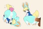  anal anal_penetration animal_crossing anthro balls blonde_hair blue_body blue_fur bodily_fluids clothing cum cum_in_mouth cum_inside cum_on_face dildo duo fur genital_fluids genitals girly hair inner_ear_fluff jacket lagomorph leporid looking_at_viewer looking_back looking_back_at_viewer male male/male male_penetrated male_penetrating male_penetrating_male mammal myoukky nintendo pawpads paws penetration penis rabbit sasha_(animal_crossing) sex_toy tail_motion tailwag topwear tuft video_games 