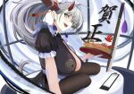  1girl absurdly_long_hair absurdres apron asymmetrical_horns azur_lane black_dress breasts brown_legwear center_opening dress earrings eyebrows_visible_through_hair from_side gloves grey_eyes grey_hair hakuryuu_(azur_lane) hakuryuu_(slice_dice_and_serve)_(azur_lane) half_gloves highres holding holding_tray horns jewelry large_breasts long_hair looking_at_viewer mikai_2035 multiple_horns official_alternate_costume open_mouth pantyhose puffy_short_sleeves puffy_sleeves red_horns short_sleeves solo sword tray very_long_hair weapon white_apron white_gloves 