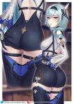  1girl ass bangs black_hairband blue_hair blush breasts eula_(genshin_impact) genshin_impact hairband helloimtea highres large_breasts looking_at_viewer medium_hair purple_eyes thighhighs thighs 