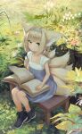  1girl animal_ear_fluff animal_ears arknights bangs black_footwear blonde_hair blue_hairband book boots braid closed_mouth collarbone flower fox_ears fox_girl fox_tail hair_rings hairband high-waist_skirt highres kitsune looking_at_viewer lynchis on_bench open_book pink_flower purple_skirt red_flower shirt sitting skirt smile solo suzuran_(arknights) tail twin_braids twitter_username white_flower white_shirt 