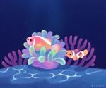  animal animal_focus artist_name blue_background caustics closed_mouth clownfish commentary_request coral fins from_side no_humans original pikaole pink_eyes sea_anemone smile tail_fin underwater watermark 