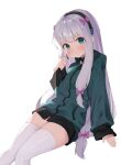  1girl absurdres avant_garde_(artist) blue_eyes blush bow eromanga_sensei green_jacket hair_bow headset highres izumi_sagiri jacket long_hair looking_at_viewer low-tied_long_hair no_pants pout ribbon silver_hair simple_background sitting solo thighhighs very_long_hair white_background white_legwear 