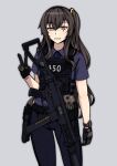  1girl alternate_costume armor bangs belt black_gloves black_pants blue_shirt brown_eyes brown_hair eyebrows_visible_through_hair feet_out_of_frame girls&#039;_frontline gloves gun h&amp;k_ump45 hair_ornament hairclip handgun highres holster holstered_weapon index_finger_raised long_hair looking_at_viewer mosa331 open_mouth pants pistol scar scar_across_eye shirt side_ponytail simple_background smile solo standing teeth ump45_(girls&#039;_frontline) v watch weapon 