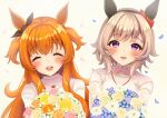  2girls animal_ears blush bouquet casual closed_eyes curren_chan_(umamusume) grey_hair highres horse_ears horse_girl kashmir_0808 long_hair looking_at_viewer mayano_top_gun_(umamusume) multiple_girls open_mouth orange_hair portrait short_hair simple_background smile umamusume white_background 