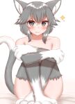  1other :3 ambiguous_gender animal_ears animal_hands blush body_fur cat cat_ears cat_girl cat_tail claws collarbone fang full_body grey_fur grey_hair heart highres horokusa_(korai) on_bed open_mouth original simple_background sitting sitting_on_bed slit_pupils solo tail whiskers white_background white_fur 