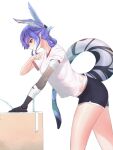  1girl absurdres alternate_costume bandaged_arm bandages black_shorts clenched_hand dragon_girl dragon_tail drinking_fountain gym_uniform head_wings highres leaning_forward nijisanji nijisanji_en purple_eyes selen_tatsuki shiroko_(koroshi110) shorts smile solo sweat tail tied_hair virtual_youtuber white_background 