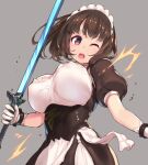  1girl bangs breasts brown_hair dress eyebrows_visible_through_hair gloves grey_background holding holding_weapon kirikawa_ikumu large_breasts maid_headdress one_eye_closed open_mouth original puffy_short_sleeves puffy_sleeves red_eyes short_hair short_sleeves simple_background solo sword upper_body v-shaped_eyebrows weapon white_gloves wristband 