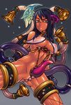  abs bare_shoulders black_hair bracelet breasts choker cleavage codpiece covered_nipples dark_skin fishnet_legwear fishnets gradient_hair green_eyes hair_ornament jewelry large_breasts lunaluna_(queen's_blade) midriff multicolored_hair navel nipples pearl_thong queen's_blade queen's_blade_rebellion revealing_clothes sandals see-through smile solo tagane tentacles thighhighs underboob 