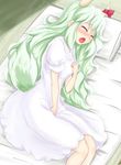  alternate_costume blush closed_eyes clothed_masturbation ex-keine green_hair horns kamishirasawa_keine long_hair lying masturbation mokuyou nightgown on_side open_mouth solo tail touhou 