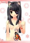  animal_ears areolae black_hair breasts cat_ears cherry copyright_request eyepatch food fruit highres holding holding_food holding_fruit itou_noiji long_hair navel nipples small_breasts solo tattoo 