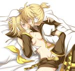  1girl aqua_eyes blonde_hair blush brother_and_sister detached_sleeves fang fingering hair_ornament hairclip headphones incest kagamine_len kagamine_rin panties siblings striped striped_panties twincest twins underwear vocaloid zashiki_usagi 