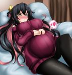  1girl black_hair black_legwear blush breasts brown_eyes commentary_request fang heart highres kantai_collection large_breasts long_hair looking_at_viewer lying multicolored_hair naganami_(kantai_collection) off-shoulder_sweater on_back on_bed pantyhose pillow pink_hair pregnant purple_sweater ribbed_sweater solo spoken_heart sweatdrop sweater yutanpo-2 