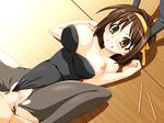  1girl animal_ears bangs blush breasts breasts_otuside breasts_outside bunny_ears bunny_suit bunnysuit censored chopsticks clenched_teeth crotchless cum cum_in_pussy cum_inside hairband leotard leotard_aside lying nipples pantyhose penis sex solo_focus suzumiya_haruhi suzumiya_haruhi_no_yuuutsu teeth torn_clothes torn_pantyhose vaginal 