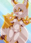  anthro blush breasts brown_eyes canid canine female fox fur hair mammal navel nobusuke nude pawpads pressed_against pussy simple_background solo white_fur white_hair yellow_fur 