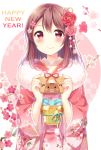  1girl 2019 bangs braid brown_eyes brown_hair chinese_zodiac commentary_request ema floral_background floral_print flower fur-trimmed_kimono fur_trim hair_flower hair_ornament happy_new_year hard_translated hazuki_(sutasuta) highres holding japanese_clothes kanzashi kimono long_hair long_sleeves looking_at_viewer new_year obi original pink_flower pink_kimono red_flower sash side_braid solo translated upper_body year_of_the_pig 