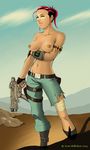  bandage breasts fallout fallout_3 gun lone_vault_wanderer moira_brown nipples outside pip_boy_3000 post-apocalyptic smg submachine_gun tan_lines topless torn_clothes 