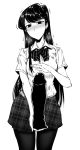  1girl bangs black_eyes black_hair blouse bow bowtie breasts gggg komi-san_wa_komyushou_desu komi_shouko large_breasts long_hair looking_at_viewer monochrome pleated_skirt skirt very_long_hair 