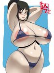  1girl areola_slip areolae artist_name bangs bikini black_eyes black_hair blue_background blush breasts cleavage curvy doomcomic glasses highleg_bikini huge_breasts large_areolae looking_at_viewer milf penguindou plump ponytail short_hair simple_background smile solo swimsuit 