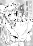  1girl bag blush bow drooling eyebrows_visible_through_hair food hair_bow holding holding_bag horns ibuki_suika long_hair looking_away open_mouth shiina_excel smile solo touhou 