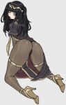  1girl ass bags_under_eyes bangs bent_over black_dress black_eyes black_hair black_panties bodystocking breasts cape dress english_commentary fire_emblem fire_emblem_awakening from_behind high_heels highres koitonic long_hair looking_at_viewer looking_back medium_breasts mole mole_under_mouth panties pelvic_curtain shaded_face solo tharja_(fire_emblem) two_side_up underwear 