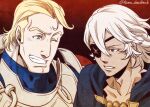  2boys armor arthur_(fire_emblem) bangs blonde_hair blue_eyes clenched_teeth eyepatch fire_emblem fire_emblem_fates grey_hair medium_hair multiple_boys niles_(fire_emblem) one_eye_closed shima_deadstock teeth turtleneck upper_body 