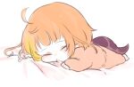  1girl age_difference alternate_costume alternate_hairstyle blanket chibi child closed_eyes commentary cowlick dragon_girl dragon_horns dragon_tail full_body highres hololive horns isuka kiryu_coco lying on_stomach orange_hair sleeping solo tail 