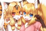  2girls animal_ears blonde_hair blue_eyes blush breasts brown_fur closed_mouth eyebrows_visible_through_hair fang fang_out fox_ears fox_girl fox_tail furry furry_female highres horokusa_(korai) large_breasts looking_at_viewer medium_hair multiple_girls open_mouth orange_fur original pink_eyes short_hair short_sleeves smile tail tiger_ears tiger_girl tiger_tail white_fur 