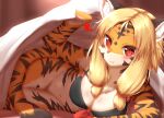  1girl :3 animal_ears black_bra blanket blonde_hair blush bottomless bra breasts cleavage closed_mouth eyebrows_visible_through_hair fang fang_out furry furry_female heart highres horokusa_(korai) large_breasts looking_at_viewer lying medium_hair on_side orange_fur original red_eyes smile solo tail tiger_ears tiger_girl tiger_tail underwear white_fur 