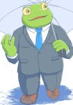  2022 amphibian anthro bottomwear clothing frog green_body humanoid_hands kemono male misterdonn necktie pants shirt slightly_chubby solo suit topwear umbrella 