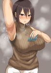  1girl arm_up armpits bangs blush breasts brown_hair dripping eyebrows_visible_through_hair grey_background highres huge_breasts knit_sweater large_breasts mole open_mouth orange_eyes original short_hair simple_background sleeveless soixhu steam steaming_body sweat sweating_profusely sweaty_clothes turtleneck 
