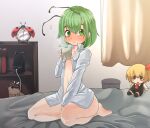  1girl alarm_clock antennae bangs between_legs blush book bottomless breasts bug cellphone character_doll charging_device clock collared_shirt commentary_request cup curtains full_body green_eyes green_hair hair_between_eyes hand_between_legs holding holding_cup indoors ladybug looking_at_viewer mug mystia_lorelei mystia_lorelei_(bird) naked_shirt notice_lines on_bed open_clothes open_shirt phone rumia seiza shelf shirt short_hair sitting small_breasts smartphone solo thighs touhou trash_can unimamo white_shirt wriggle_nightbug 