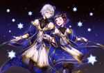  2boys alternate_costume black_hair cape deretta eclipse grey_eyes grey_hair highres lilia_vanrouge looking_at_another moon multicolored_hair multiple_boys one_eye_closed otoko_no_ko pale_skin pink_hair pointy_ears red_eyes robe silver_(twisted_wonderland) sky star_(sky) star_(symbol) starry_sky twisted_wonderland 