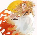 1boy arm_up bangs black_sleeves blonde_hair bright_pupils buttons cape commentary_request eyelashes feet_out_of_frame fingernails flame_print from_side half_updo katana kimetsu_no_yaiba lips long_hair long_sleeves multicolored_eyes multicolored_hair mutsu_(621300) ponytail red_eyes red_hair rengoku_kyoujurou school_uniform sidelocks simple_background smile sword tied_hair two-tone_hair wavy_hair weapon white_background white_cape white_pupils 