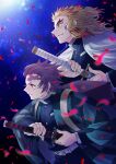  2boys bangs belt belt_buckle black_jacket black_pants blonde_hair box buckle buttons cape checkered closed_mouth commentary_request crossed_arms dark_background feet_out_of_frame from_side haori highres jacket japanese_clothes kamado_tanjirou katana kimetsu_no_yaiba leaf long_hair long_sleeves looking_to_the_side male_focus multicolored_hair multiple_boys pants petals ponytail red_hair remsor076 rengoku_kyoujurou scabbard sheath sheathed signature smile sword twitter_username two-tone_hair uniform weapon white_belt white_cape yellow_eyes 