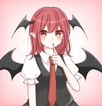  1girl bat_wings black_skirt black_vest blush breasts closed_mouth collared_shirt commentary diamond-shaped_pupils diamond_(shape) eyebrows_visible_through_hair finger_to_mouth gradient gradient_background head_wings highres koakuma long_hair looking_at_viewer medium_breasts necktie pink_background piyoru_nico pointy_ears puffy_short_sleeves puffy_sleeves red_eyes red_hair red_necktie shirt short_sleeves simple_background skirt solo symbol-shaped_pupils touhou vest white_shirt wings 
