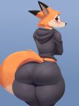  2022 absurd_res anthro big_butt blush butt canid canine clothed clothing cooliehigh darma_(rock_dog) female fox fur hi_res hoodie looking_at_viewer looking_back looking_back_at_viewer mammal orange_body orange_fur panty_lines portrait rear_view rock_dog solo sweatpants thick_thighs three-quarter_portrait topwear 