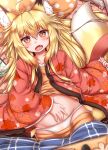  1girl ahoge animal_ears blush collarbone fang fox_ears fox_girl fox_tail hand_on_own_stomach highres horokusa_(korai) korai_(horokusa) leaf_print long_sleeves lying on_back open_mouth original panties solo tail tongue underwear white_panties 