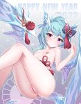  1girl anus ass bangs blue_hair blush breasts collarbone dragon_girl dragon_wings h.carrrrrrot happy_new_year highres looking_at_viewer new_year nipples princess_connect! purple_eyes pussy shefi_(princess_connect!) small_breasts smile solo spread_pussy wings 
