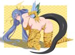  1girl 2022 all_fours angel_wings animal_costume animal_print ass asymmetrical_wings bare_shoulders blue_hair blush breasts butt_crack chinese_zodiac detached_sleeves dizzy_(guilty_gear) eyebrows_visible_through_hair fuuma_(bangolga1) guilty_gear hair_ribbon hair_rings hand_on_own_ass highres large_breasts long_hair looking_at_viewer looking_back panties partially_visible_vulva pulled_by_self red_eyes ribbon shadow sideboob skindentation smile solo tail thick_thighs thighhighs thighs tiger_costume tiger_print tiger_stripes twintails underwear wings year_of_the_tiger yellow_background yellow_ribbon 